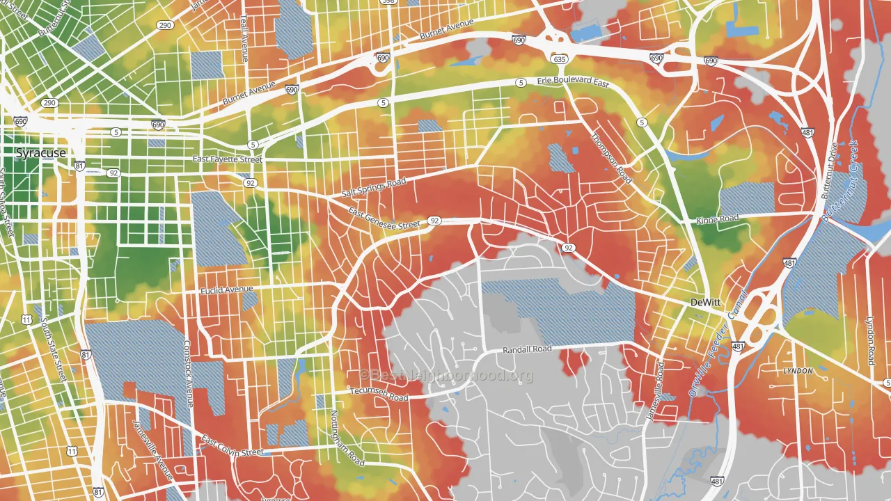 Walk Grade map of Meadowbrook, Syracuse, NY, walkable areas in green and car-dependent areas in red