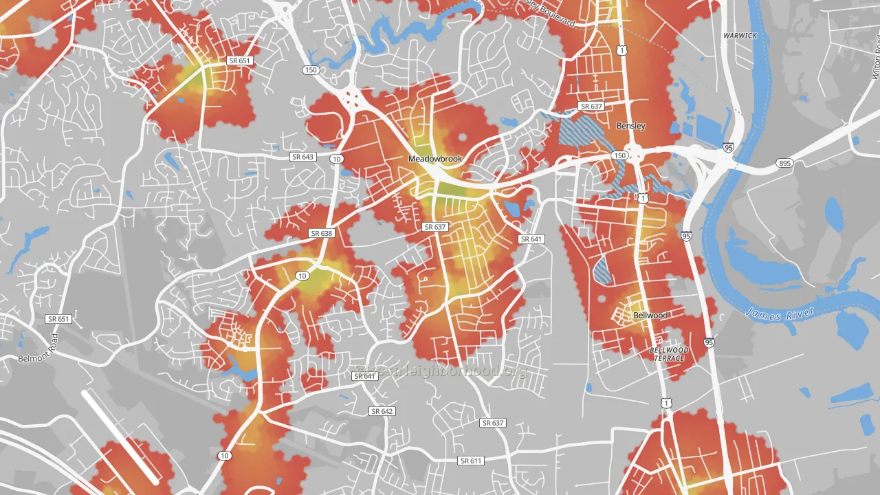 Walk Grade map of Meadowbrook, VA, walkable areas in green and car-dependent areas in red