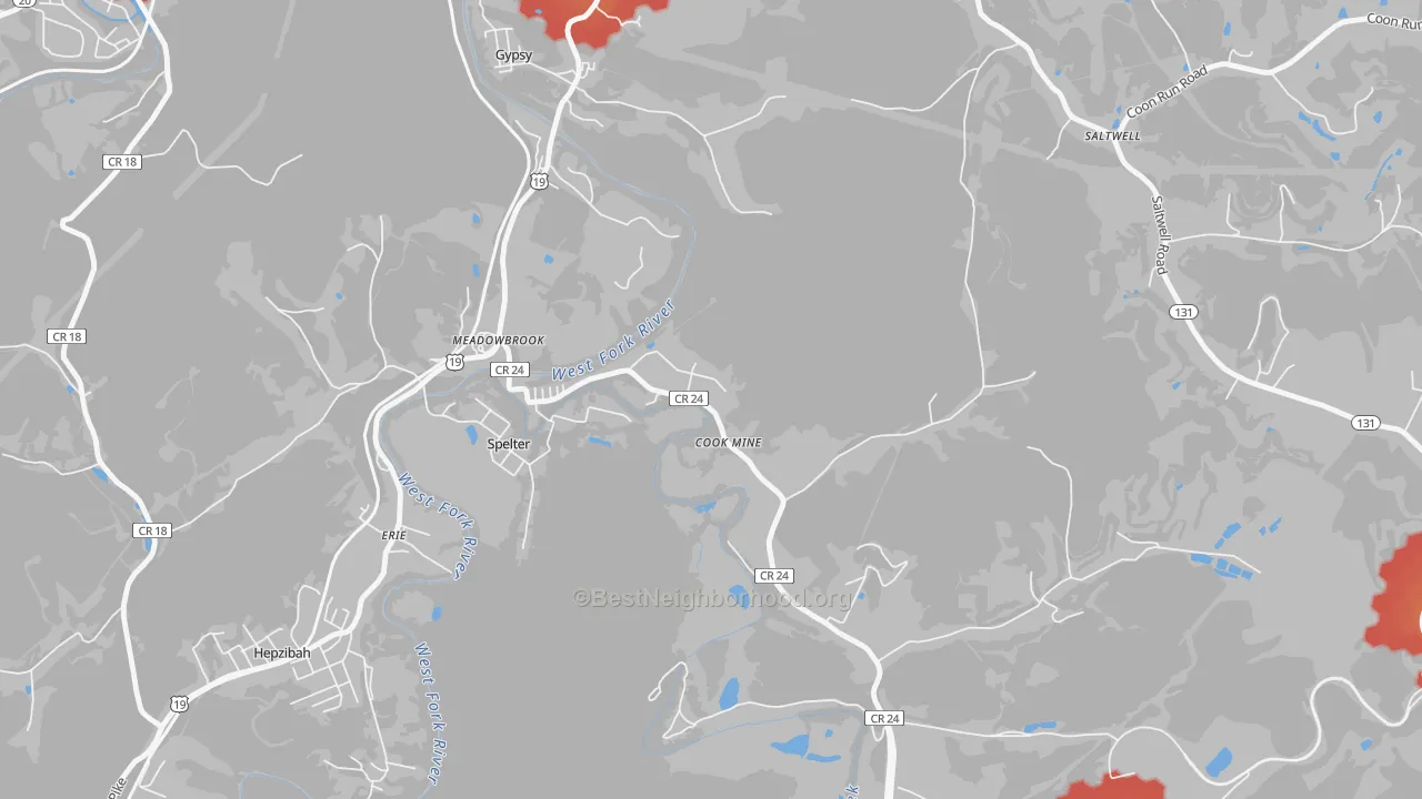 Walk Grade map of Meadowbrook, WV, walkable areas in green and car-dependent areas in red