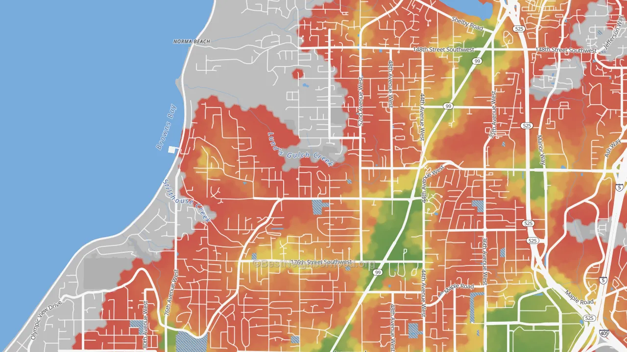 Walk Grade map of Meadowdale, Lynnwood, WA, walkable areas in green and car-dependent areas in red