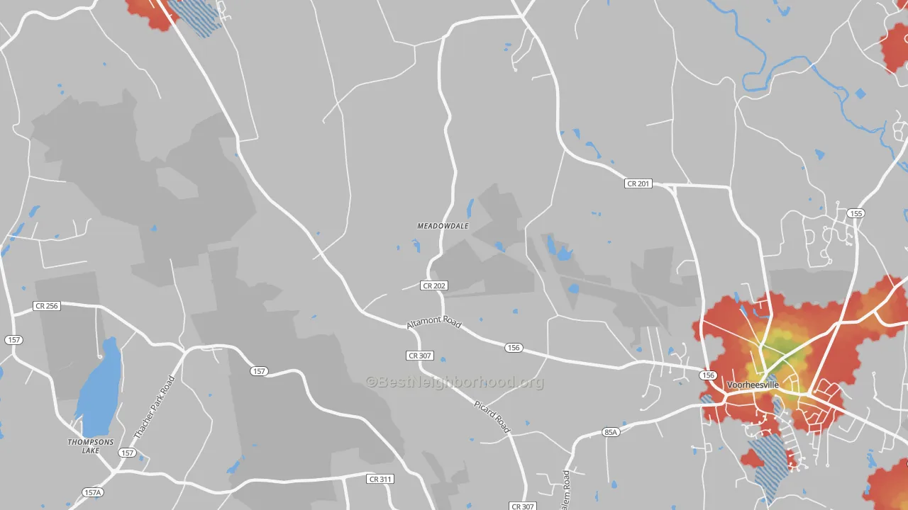 Walk Grade map of Meadowdale, NY, walkable areas in green and car-dependent areas in red