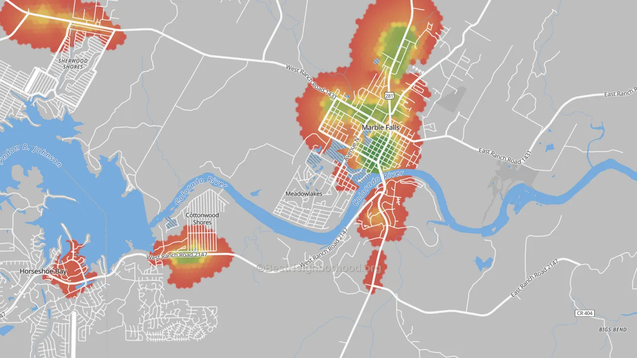 Walk Grade map of Meadowlakes, TX, walkable areas in green and car-dependent areas in red