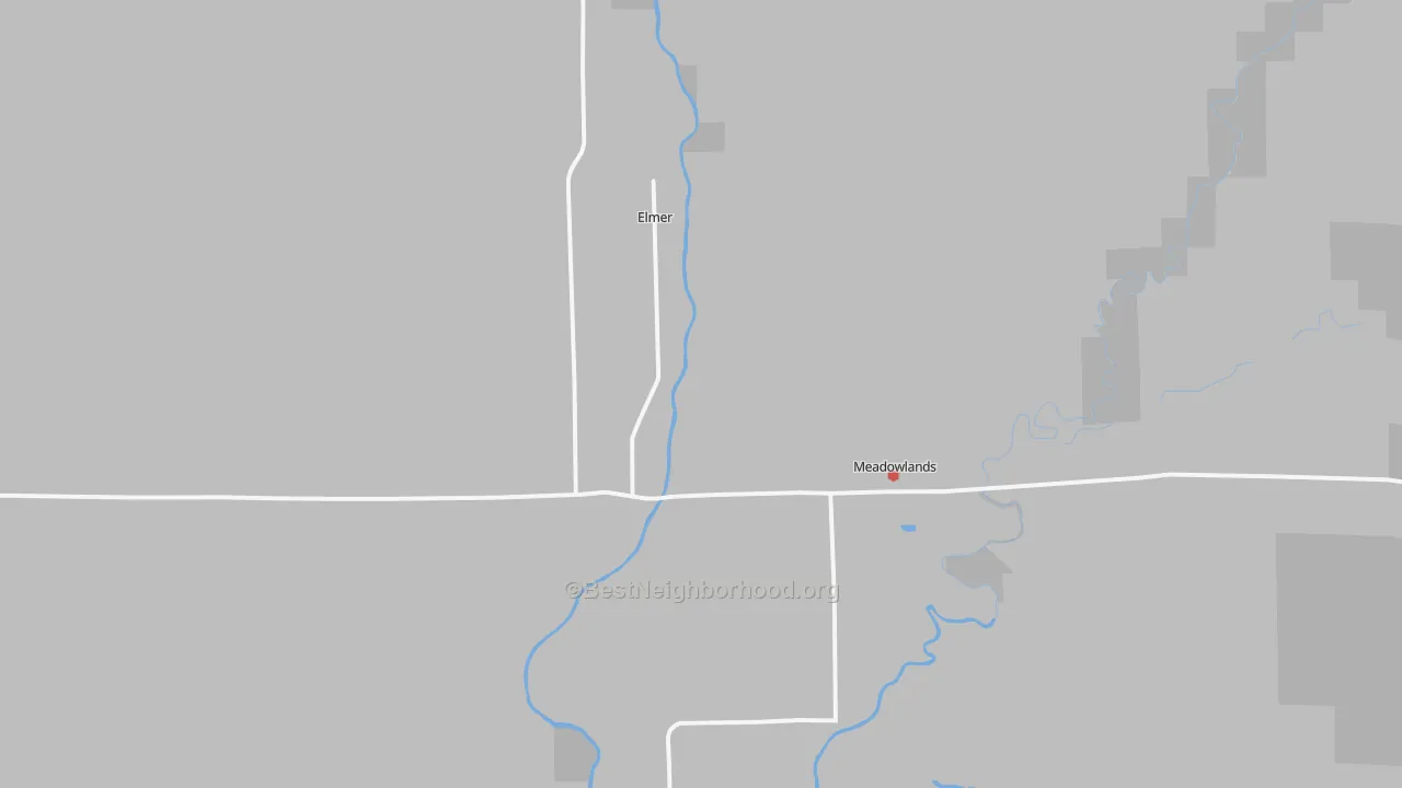 Walk Grade map of Meadowlands, MN, walkable areas in green and car-dependent areas in red