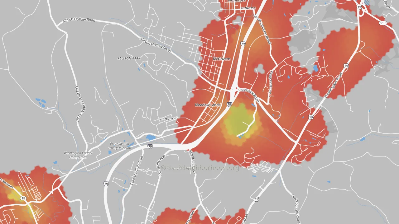 Walk Grade map of Meadowlands, PA, walkable areas in green and car-dependent areas in red