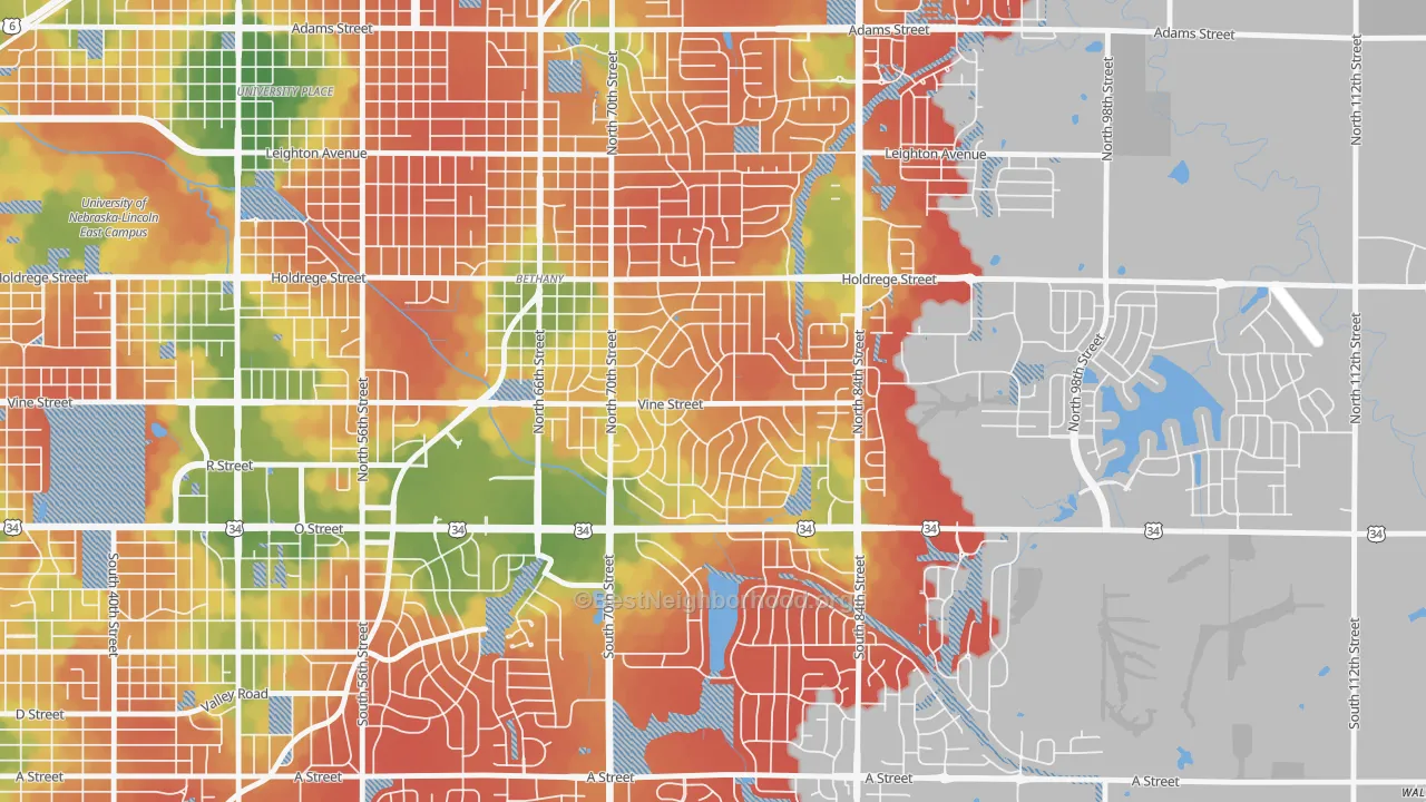 Walk Grade map of Meadowlane, Lincoln, NE, walkable areas in green and car-dependent areas in red