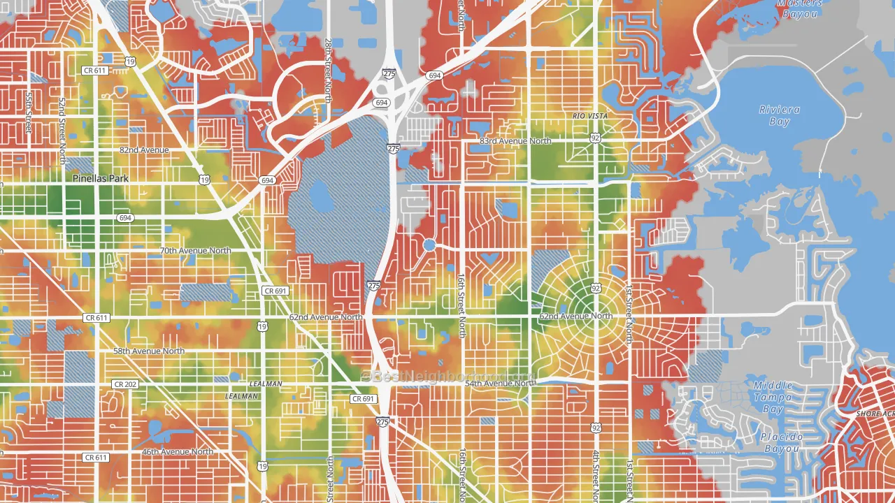 Walk Grade map of Meadowlawn, St. Petersburg, FL, walkable areas in green and car-dependent areas in red