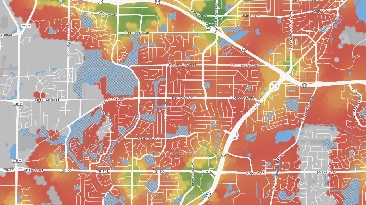 Walk Grade map of Meadowood, Madison, WI, walkable areas in green and car-dependent areas in red