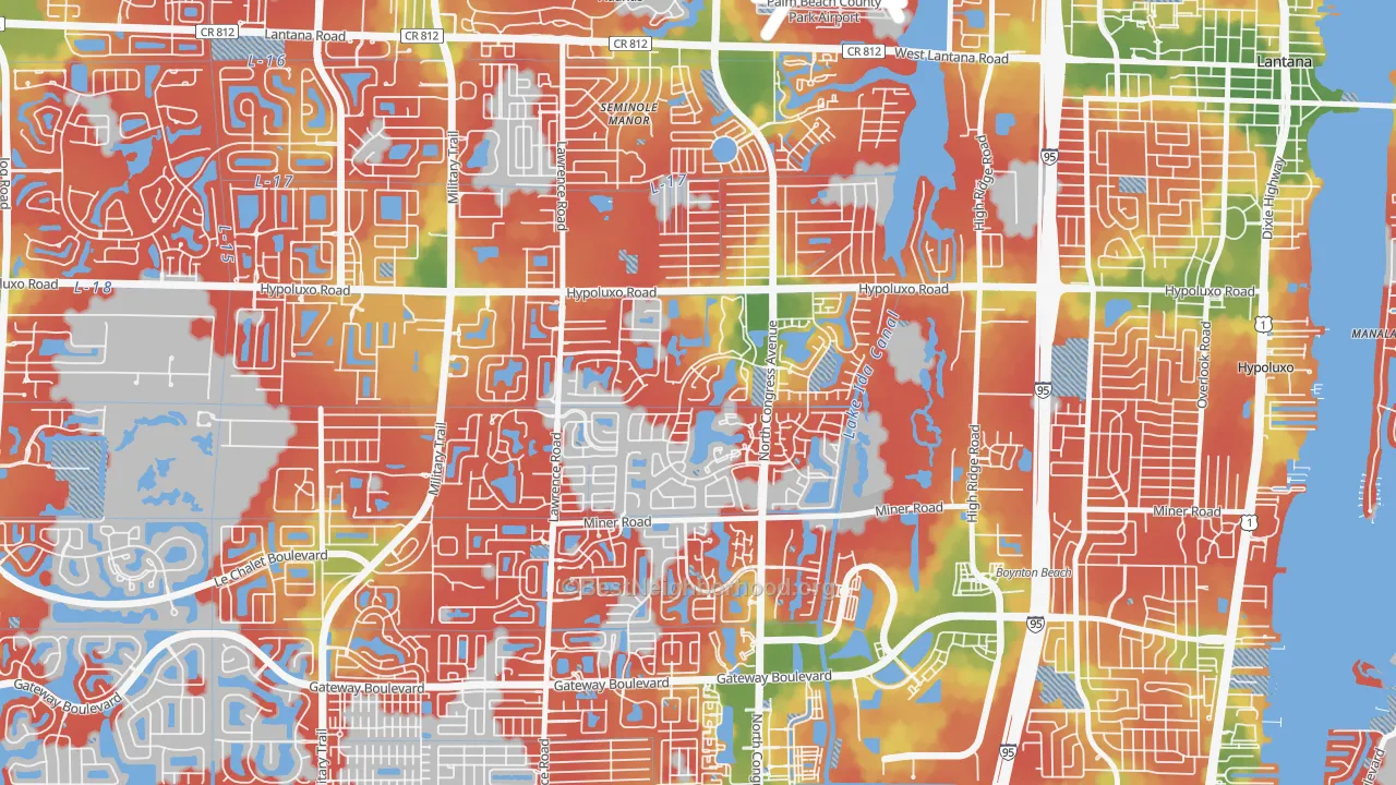 Walk Grade map of Meadows, Boynton Beach, FL, walkable areas in green and car-dependent areas in red