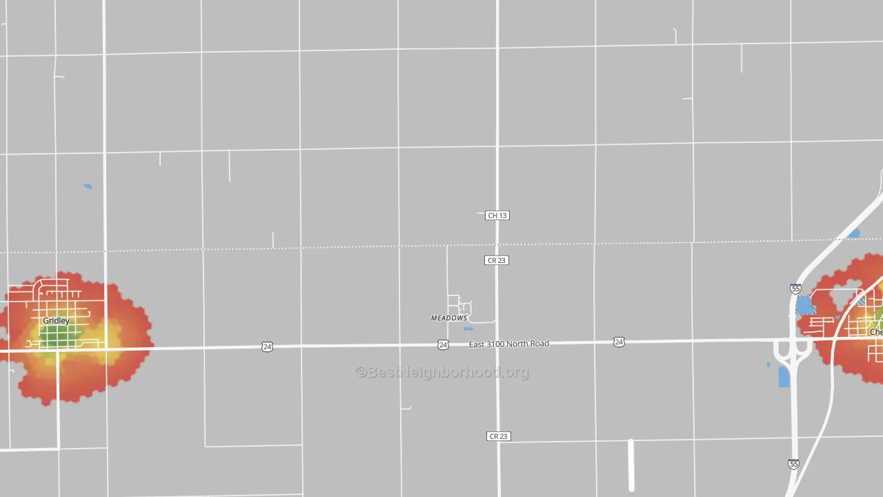Walk Grade map of Meadows, IL, walkable areas in green and car-dependent areas in red