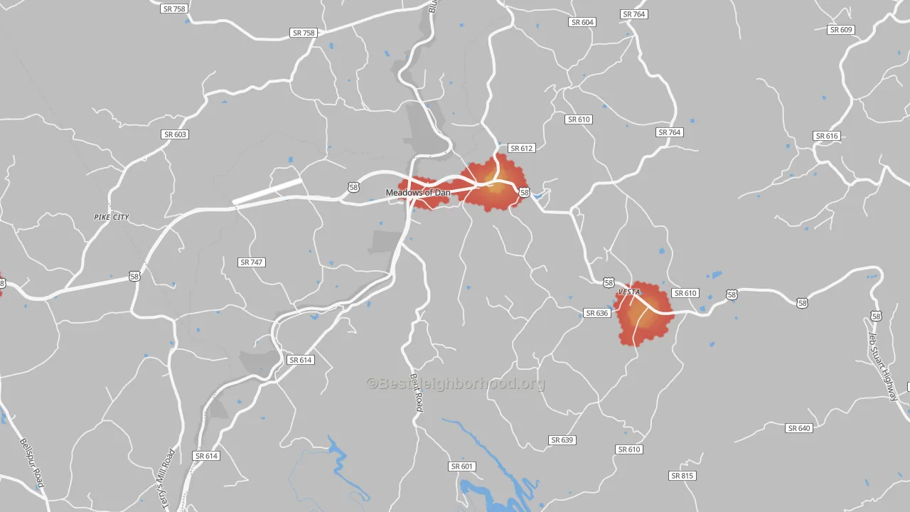 Walk Grade map of Meadows Of Dan, VA, walkable areas in green and car-dependent areas in red
