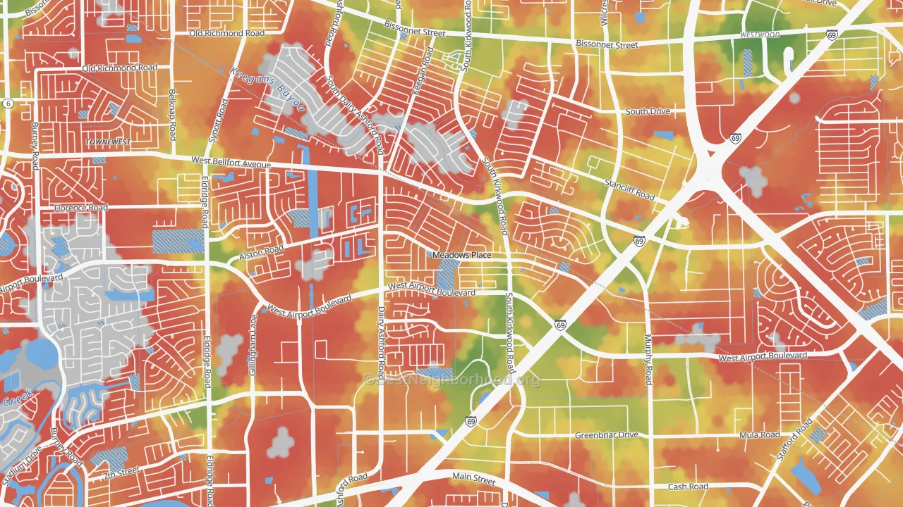 Walk Grade map of Meadows Place, TX, walkable areas in green and car-dependent areas in red