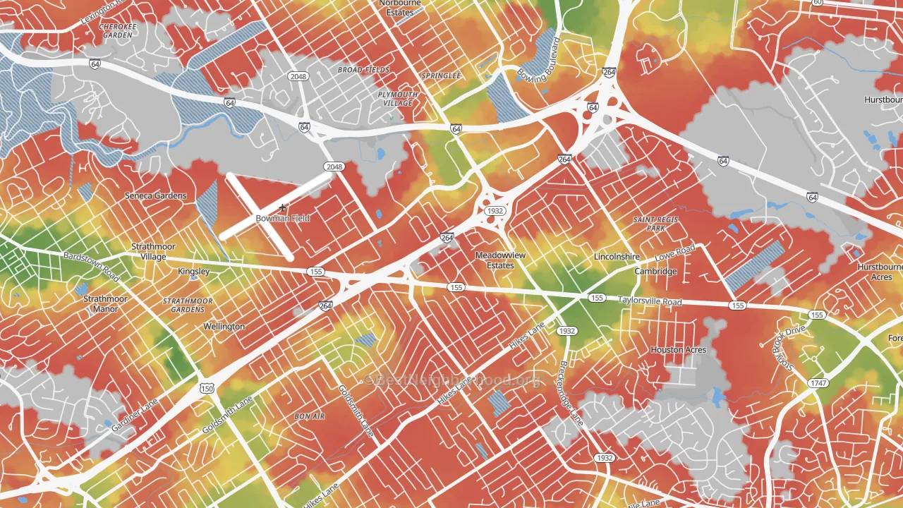 Walk Grade map of Meadowview Estates, KY, walkable areas in green and car-dependent areas in red