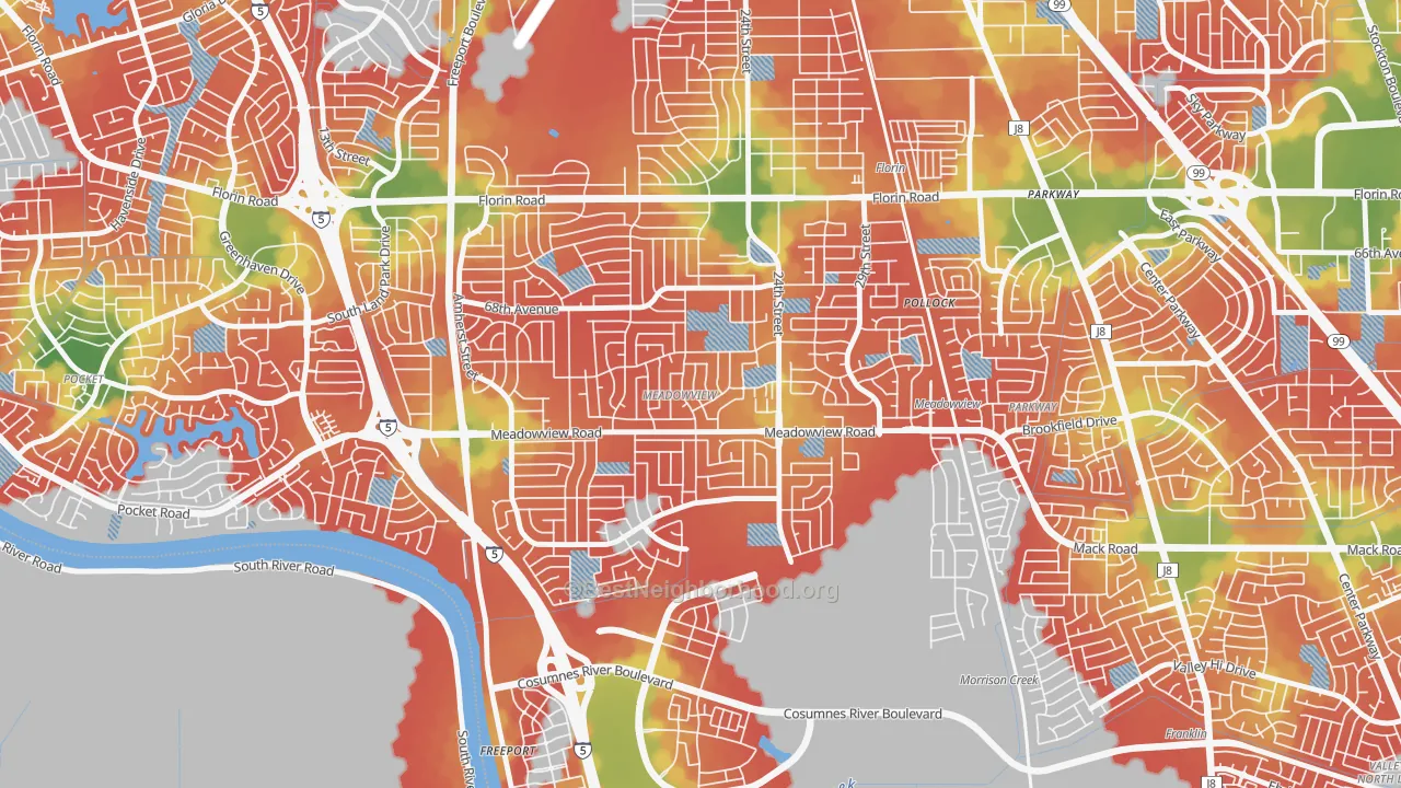 Walk Grade map of Meadowview, Sacramento, CA, walkable areas in green and car-dependent areas in red