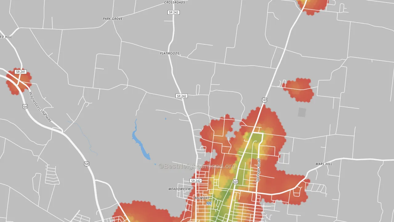 Walk Grade map of Meadowview, TN, walkable areas in green and car-dependent areas in red