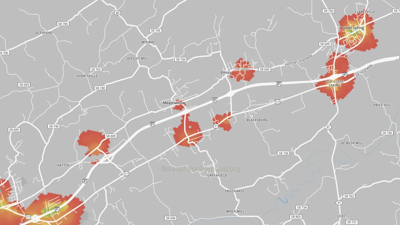 Walk Grade map of Meadowview, VA, walkable areas in green and car-dependent areas in red