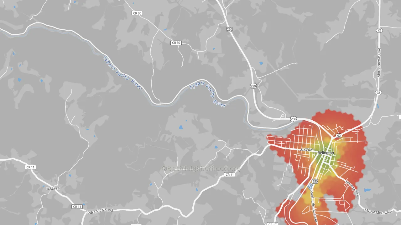 Walk Grade map of Meadowville, WV, walkable areas in green and car-dependent areas in red
