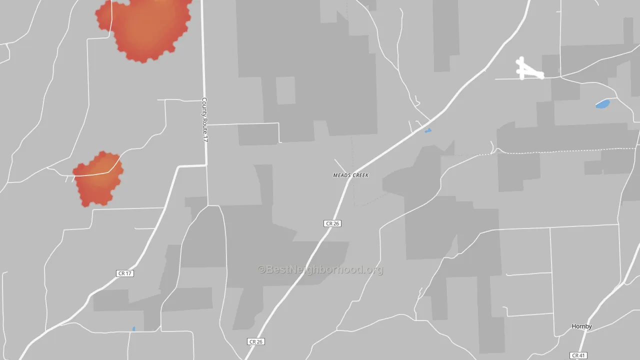 Walk Grade map of Meads Creek, NY, walkable areas in green and car-dependent areas in red