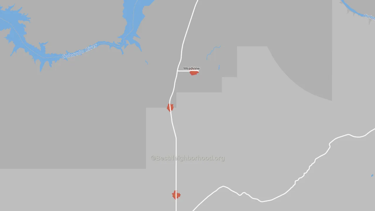 Walk Grade map of Meadview, AZ, walkable areas in green and car-dependent areas in red