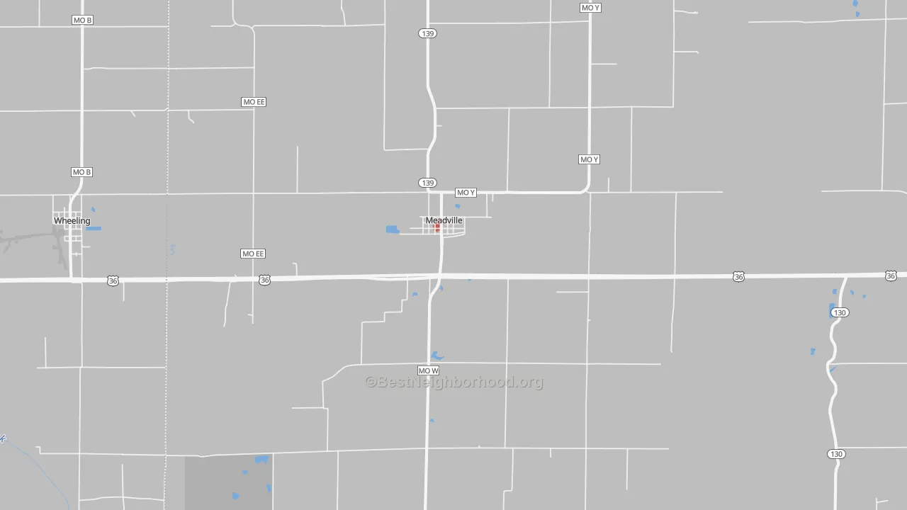 Walk Grade map of Meadville, MO, walkable areas in green and car-dependent areas in red