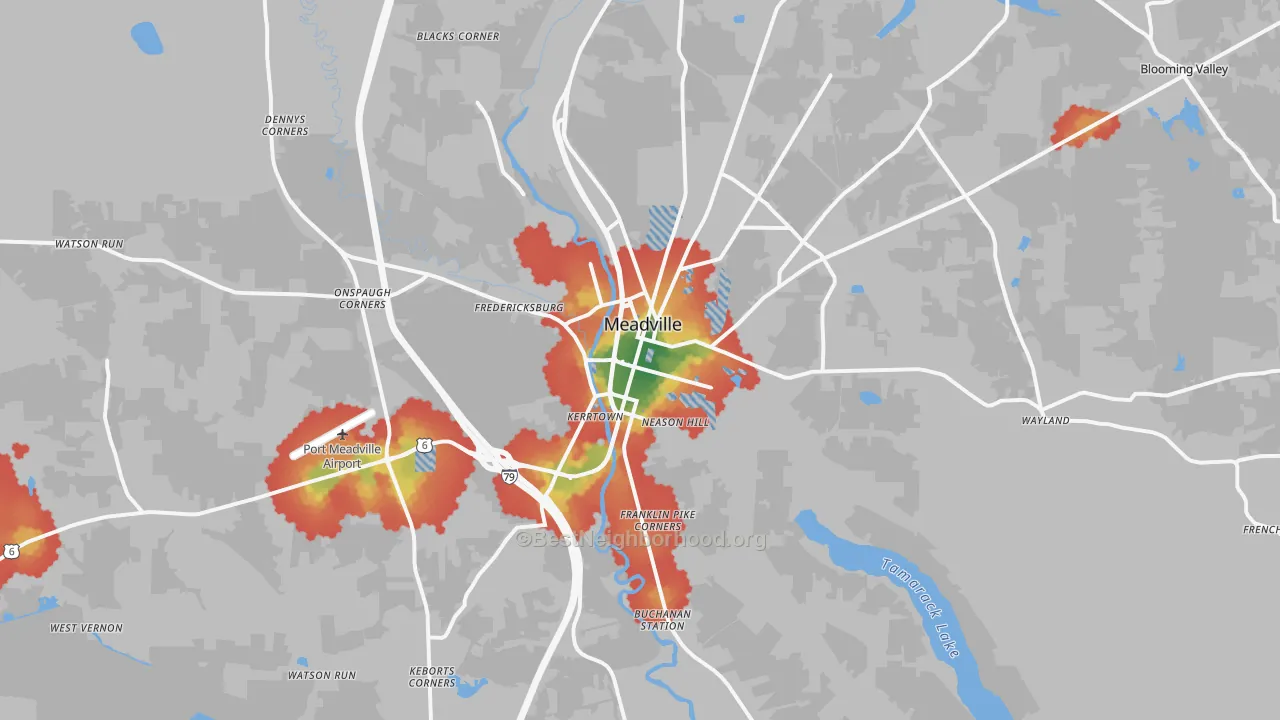 Walk Grade map of Meadville, PA, walkable areas in green and car-dependent areas in red