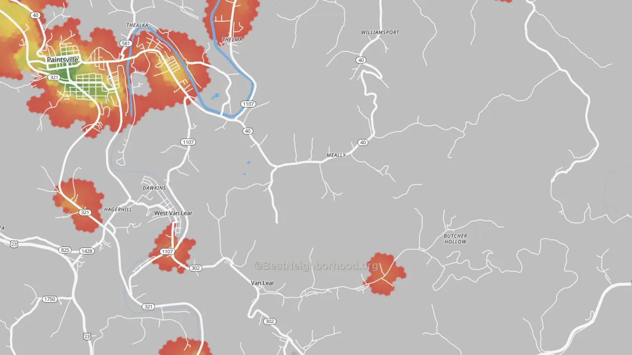 Walk Grade map of Meally, KY, walkable areas in green and car-dependent areas in red