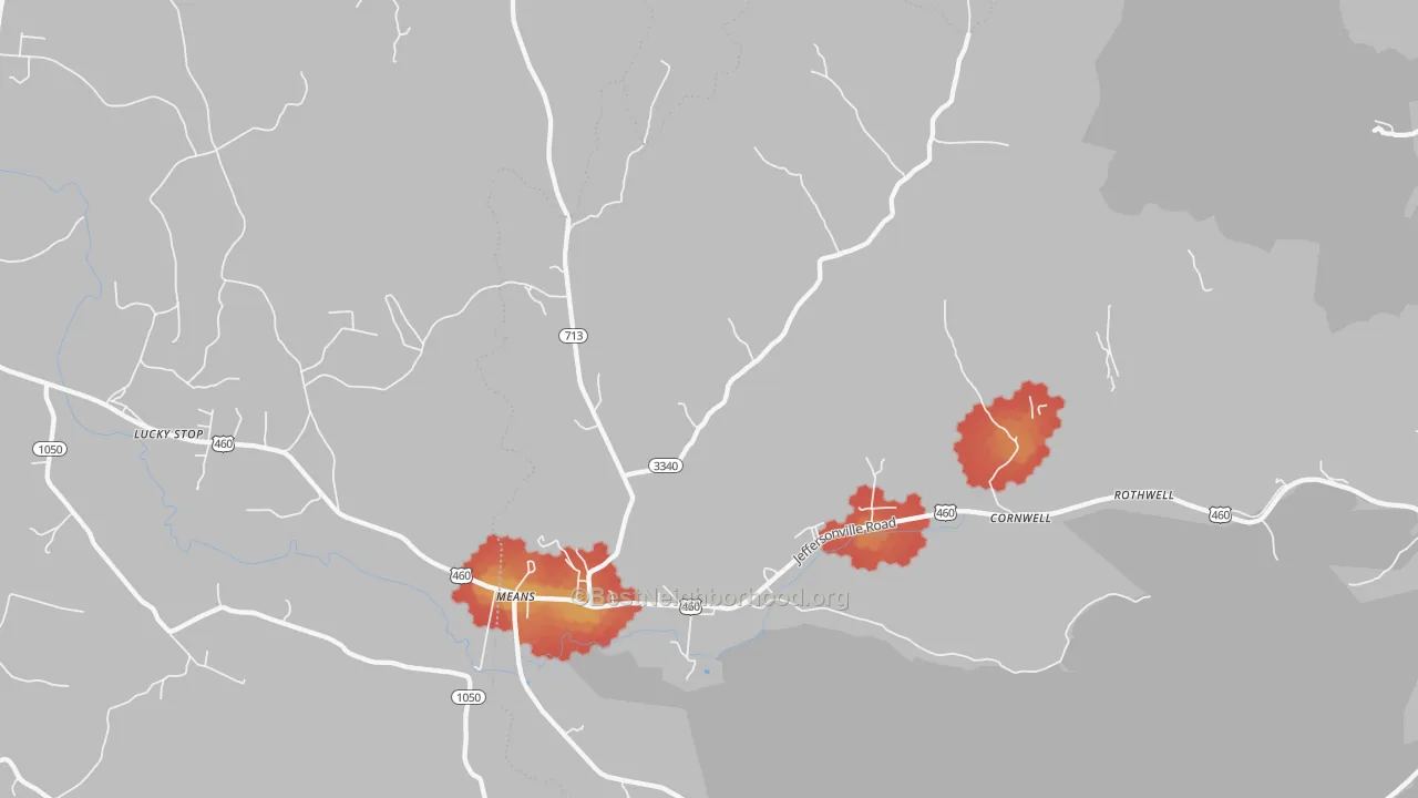 Walk Grade map of Means, KY, walkable areas in green and car-dependent areas in red