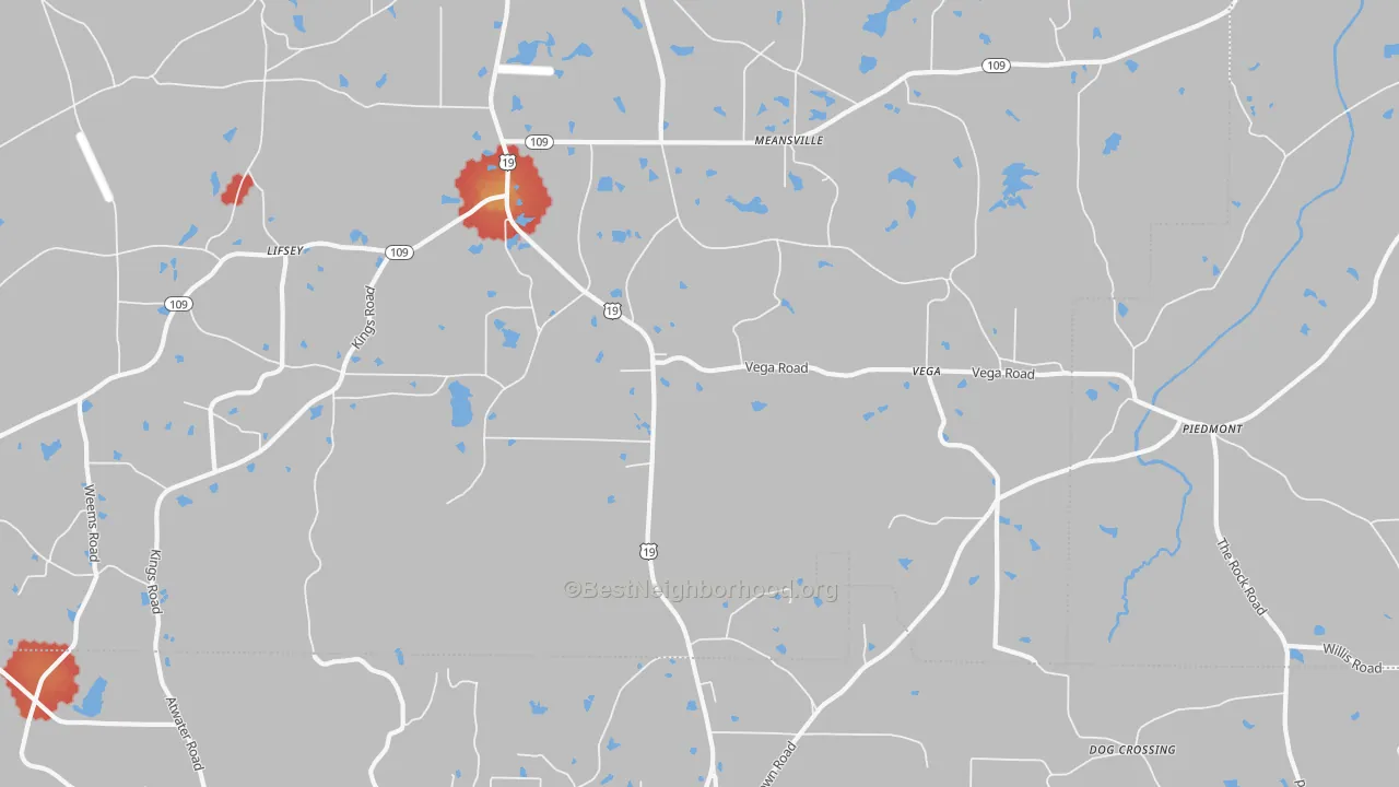 Walk Grade map of Meansville, GA, walkable areas in green and car-dependent areas in red
