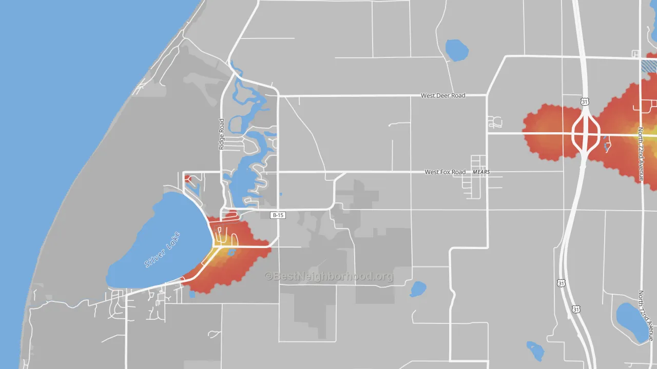 Walk Grade map of Mears, MI, walkable areas in green and car-dependent areas in red