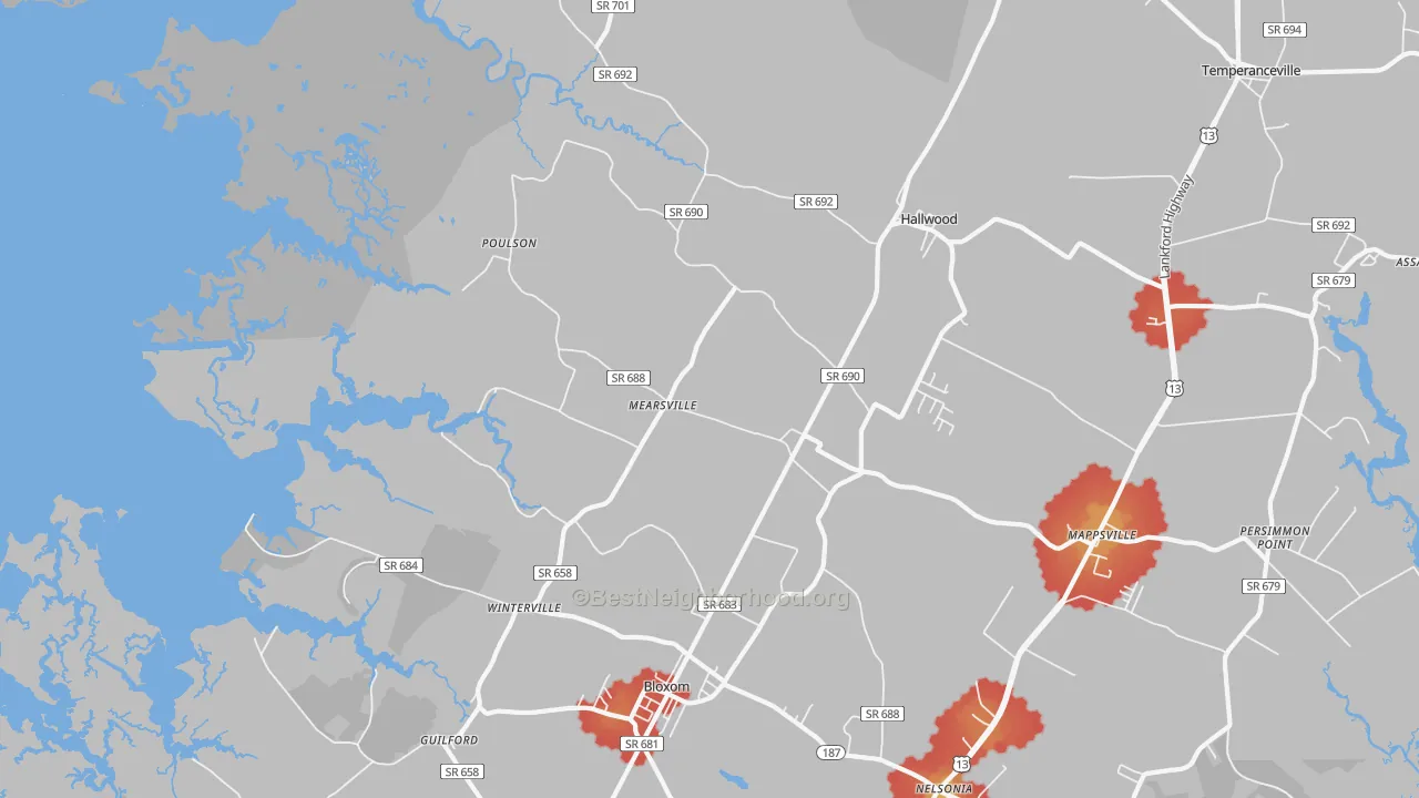 Walk Grade map of Mears, VA, walkable areas in green and car-dependent areas in red