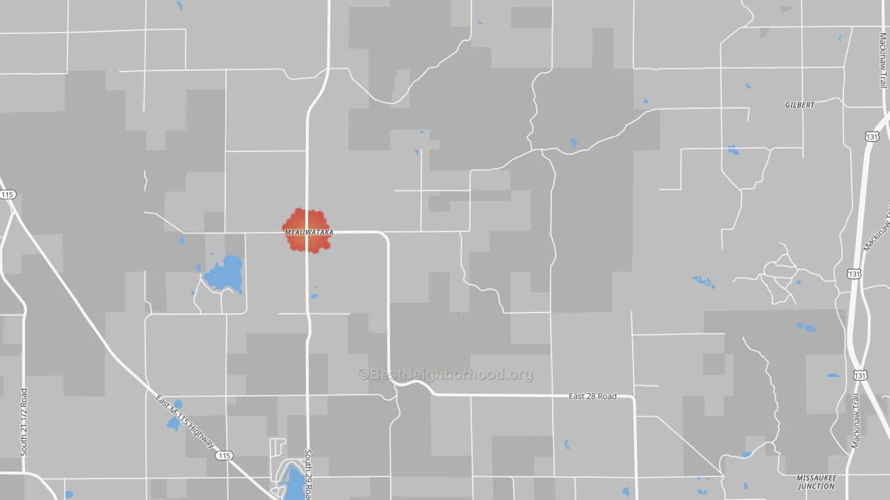 Walk Grade map of Meauwataka, MI, walkable areas in green and car-dependent areas in red