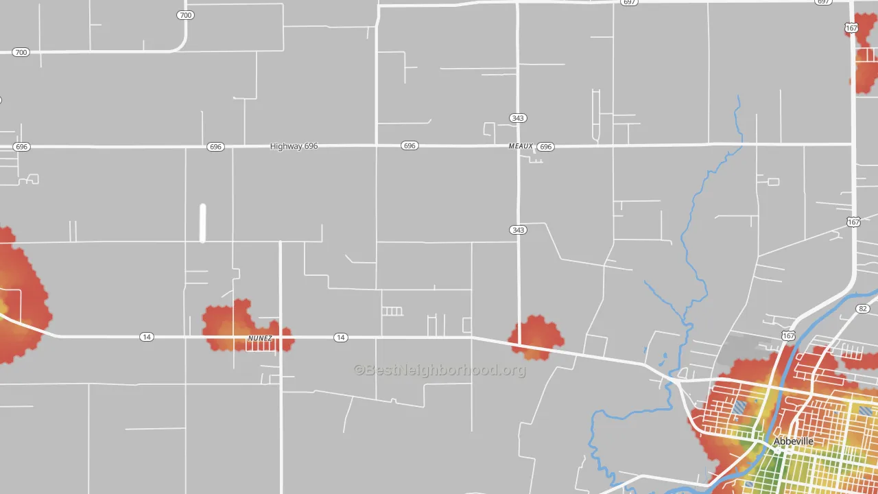 Walk Grade map of Meaux, LA, walkable areas in green and car-dependent areas in red