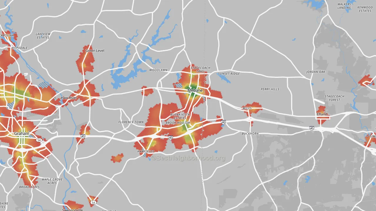 Walk Grade map of Mebane, NC, walkable areas in green and car-dependent areas in red