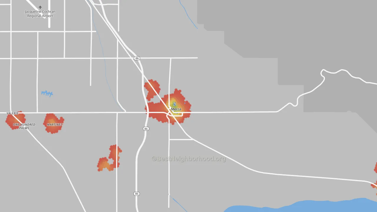 Walk Grade map of Mecca, CA, walkable areas in green and car-dependent areas in red