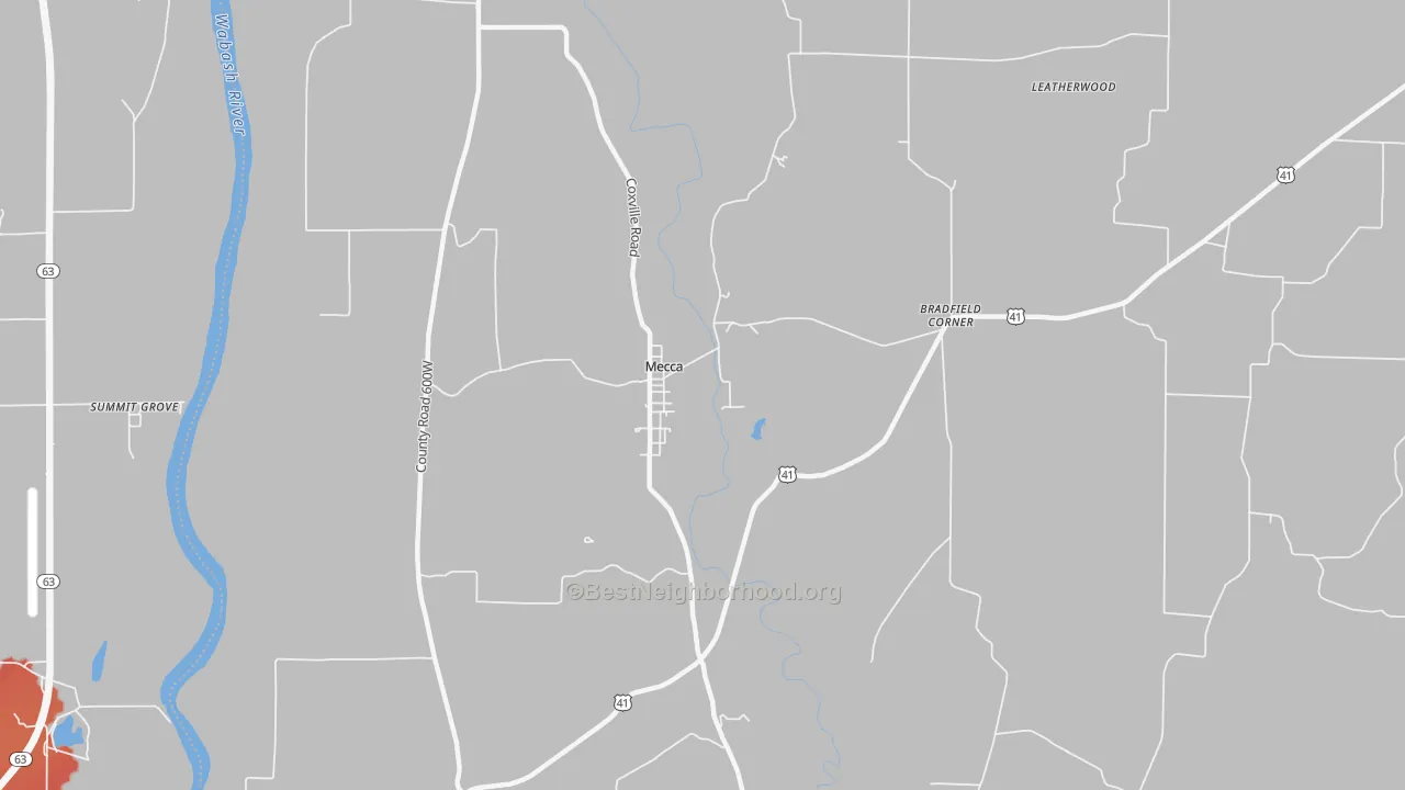 Walk Grade map of Mecca, IN, walkable areas in green and car-dependent areas in red