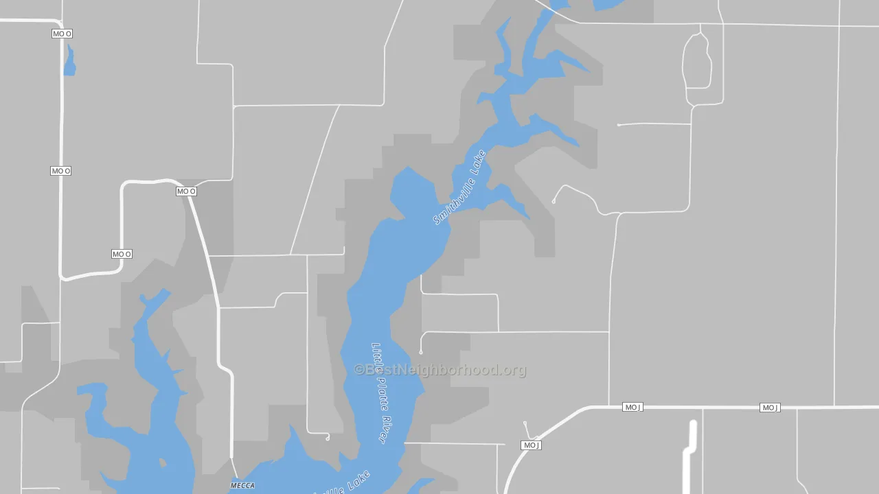 Walk Grade map of Mecca, MO, walkable areas in green and car-dependent areas in red