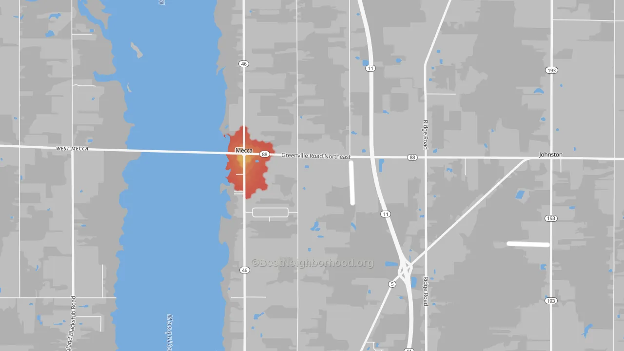 Walk Grade map of Mecca, OH, walkable areas in green and car-dependent areas in red