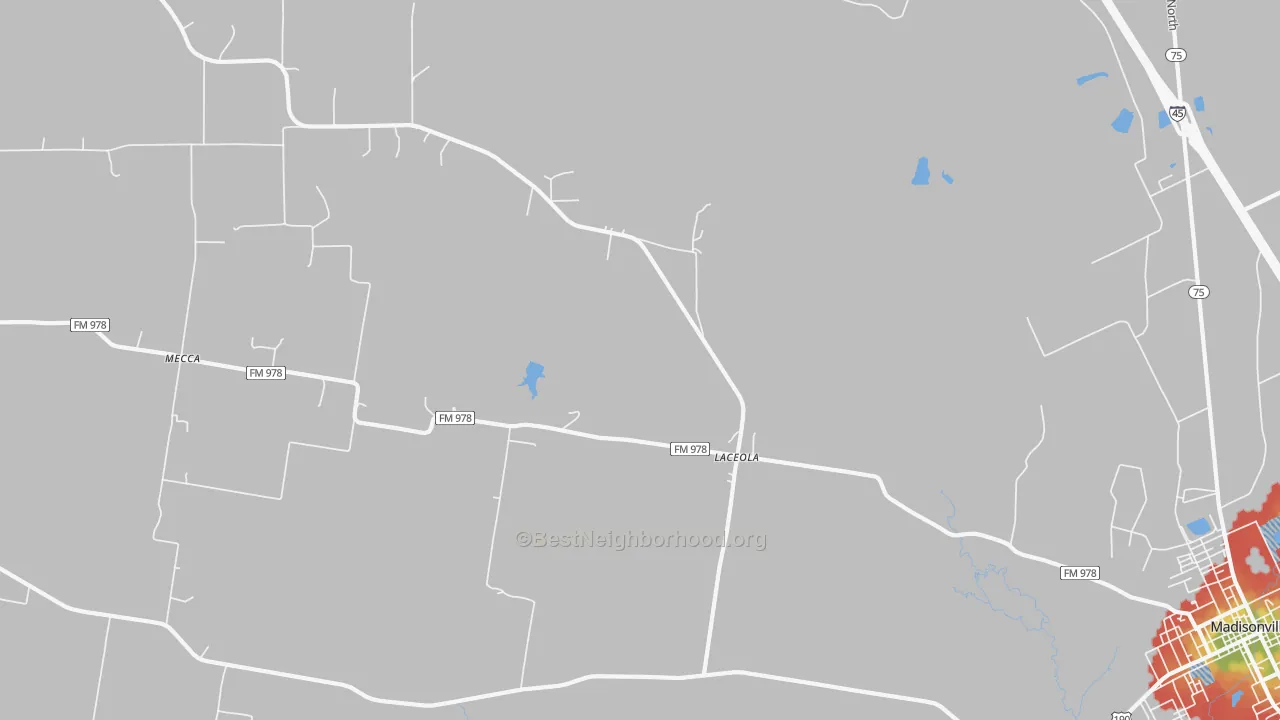 Walk Grade map of Mecca, TX, walkable areas in green and car-dependent areas in red