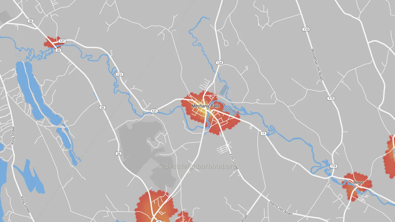 Walk Grade map of Mechanic Falls, ME, walkable areas in green and car-dependent areas in red