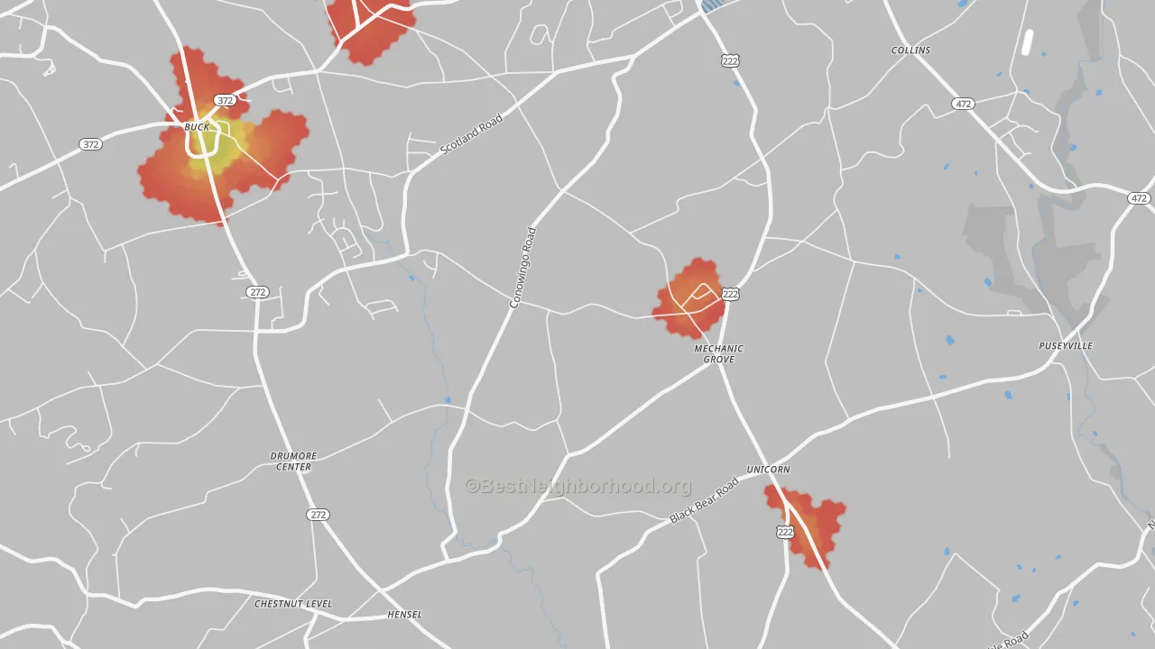 Walk Grade map of Mechanics Grove, PA, walkable areas in green and car-dependent areas in red
