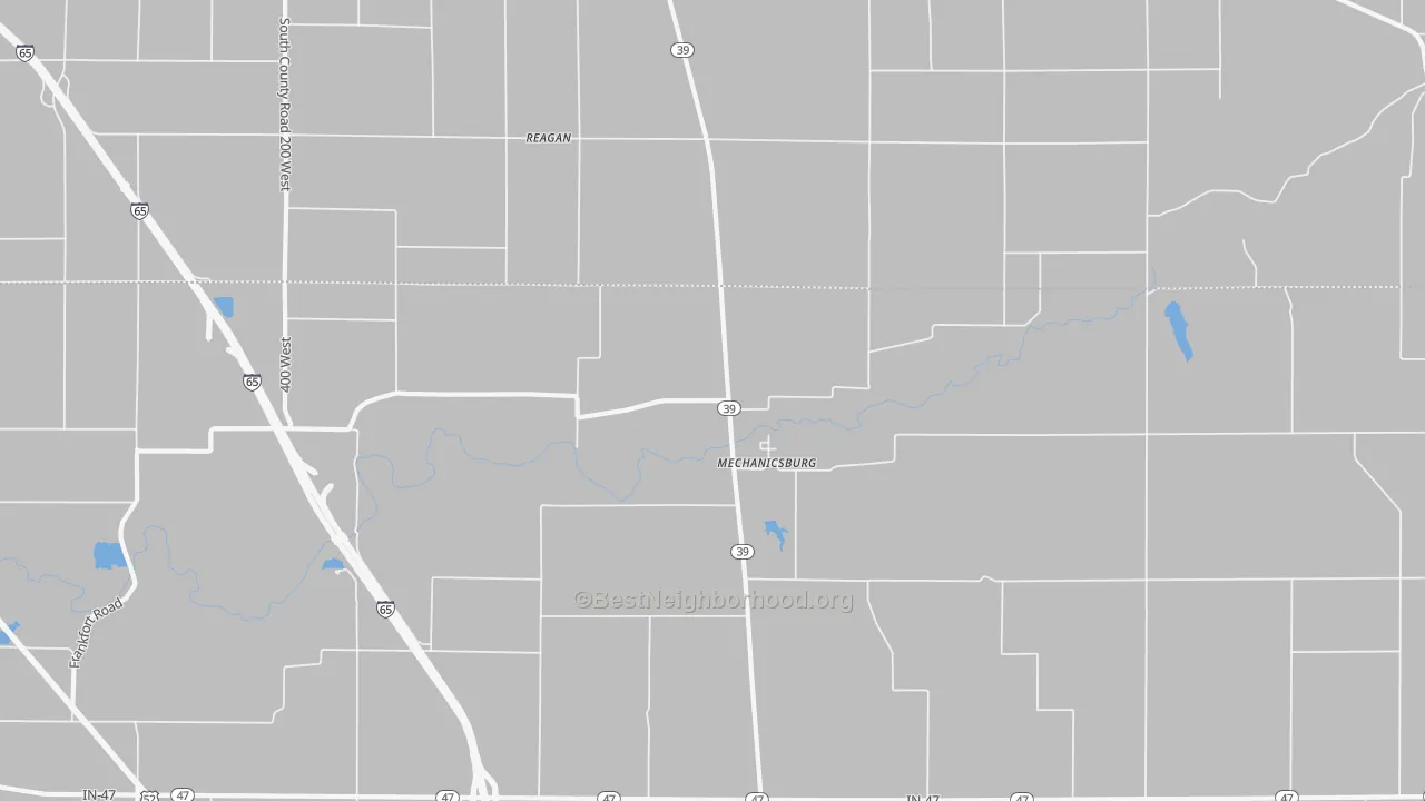 Walk Grade map of Mechanicsburg, IN, walkable areas in green and car-dependent areas in red