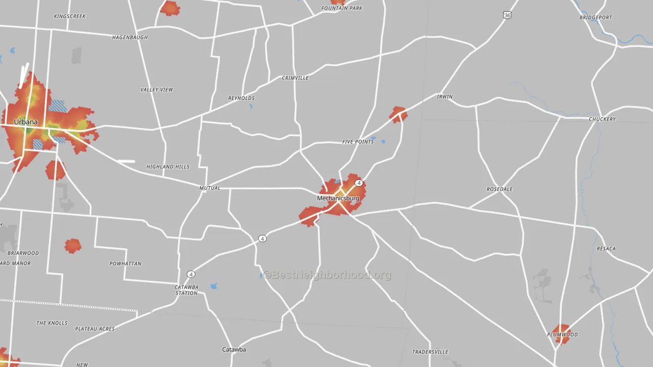 Walk Grade map of Mechanicsburg, OH, walkable areas in green and car-dependent areas in red