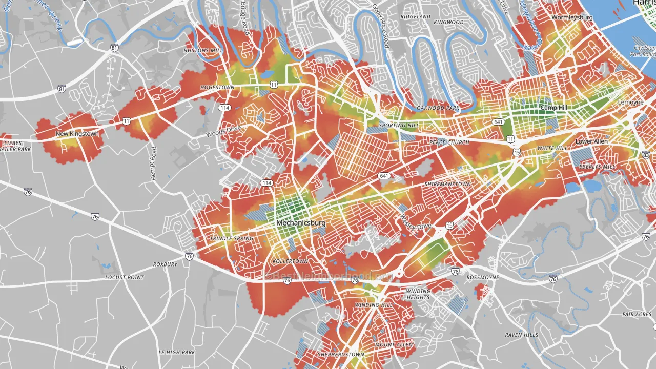Walk Grade map of Mechanicsburg, PA, walkable areas in green and car-dependent areas in red