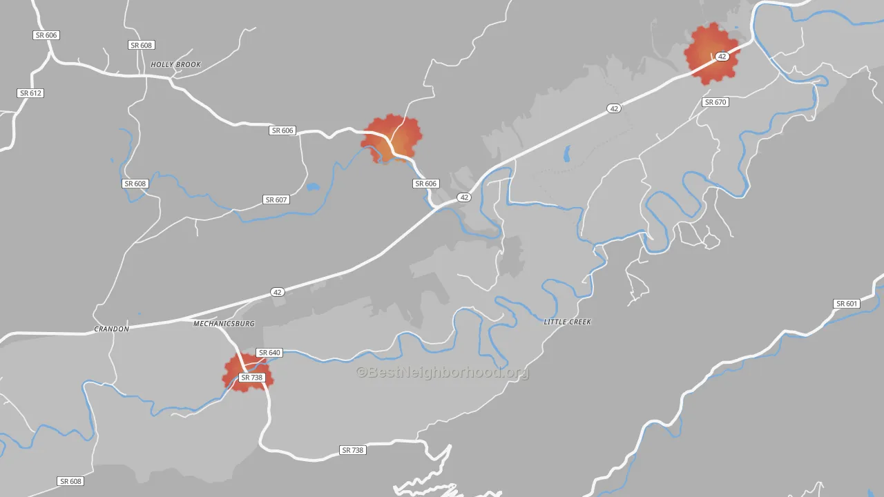 Walk Grade map of Mechanicsburg, VA, walkable areas in green and car-dependent areas in red