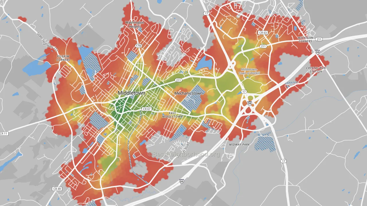 Walk Grade map of Mechanicstown, NY, walkable areas in green and car-dependent areas in red