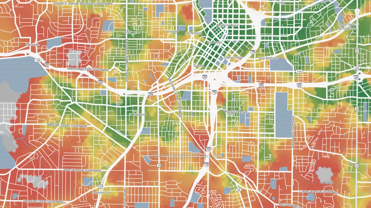 Walk Grade map of Mechanicsville, Atlanta, GA, walkable areas in green and car-dependent areas in red
