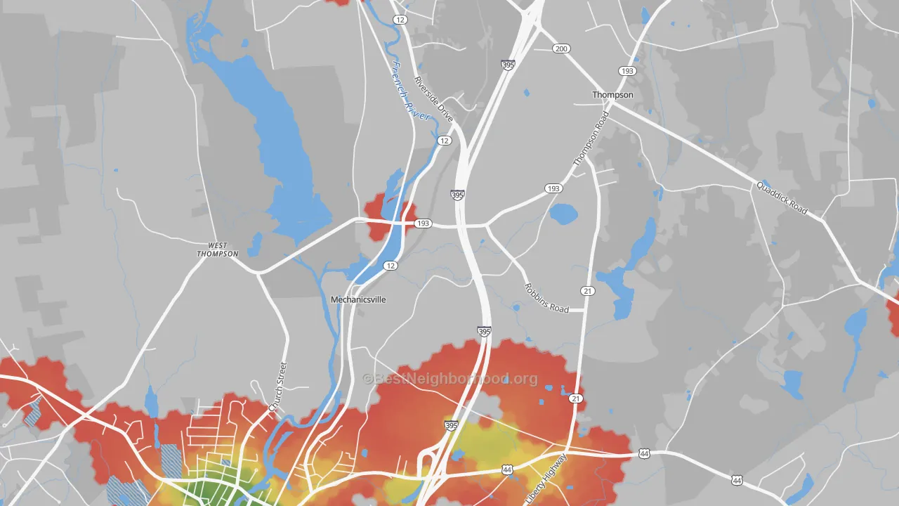 Walk Grade map of Mechanicsville, CT, walkable areas in green and car-dependent areas in red