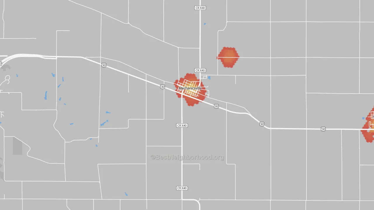 Walk Grade map of Mechanicsville, IA, walkable areas in green and car-dependent areas in red