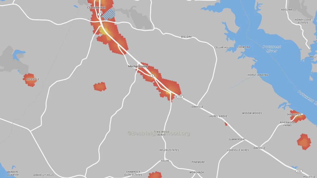 Walk Grade map of Mechanicsville, MD, walkable areas in green and car-dependent areas in red