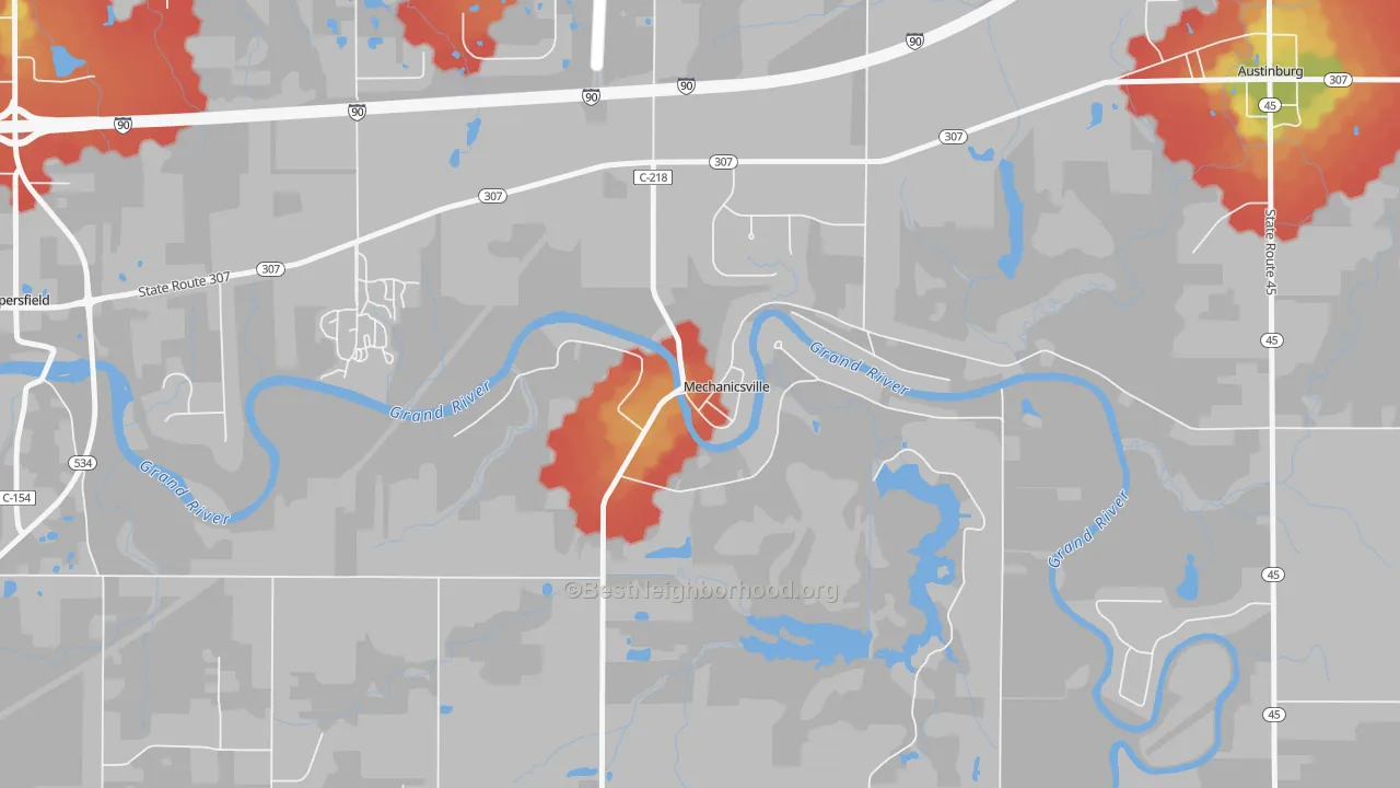 Walk Grade map of Mechanicsville, OH, walkable areas in green and car-dependent areas in red
