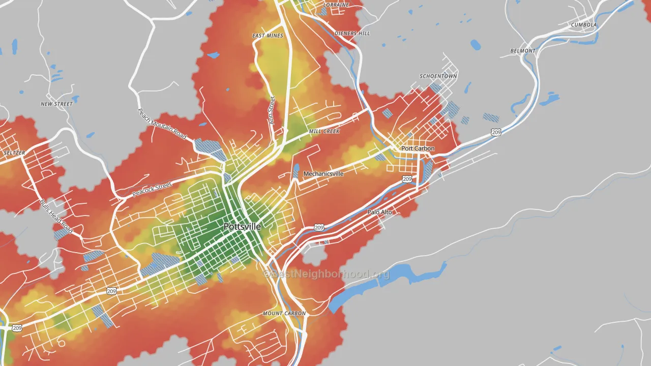 Walk Grade map of Mechanicsville, PA, walkable areas in green and car-dependent areas in red